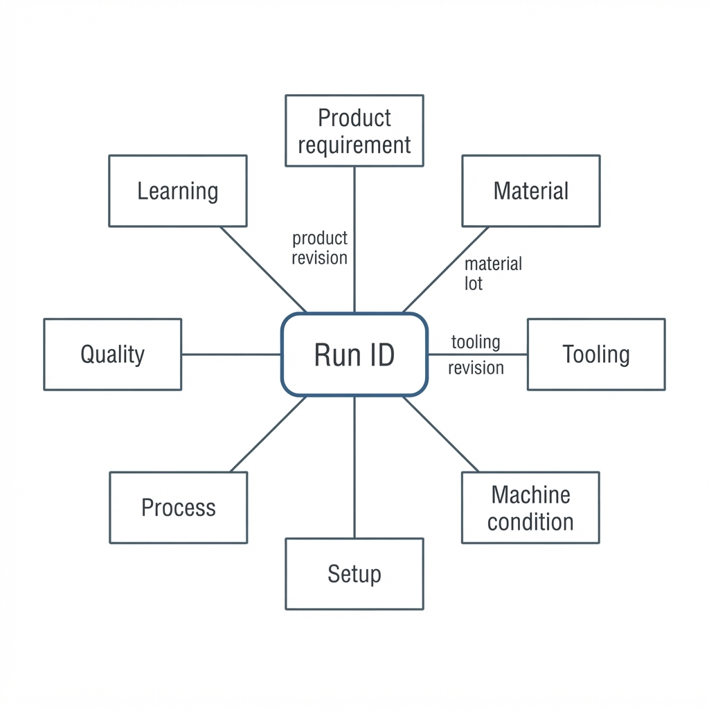 Entity-relationship diagram showing a central Run ID node connected to eight record types: product requirement, material, tooling, machine condition, setup, process, quality, and learning, with connector labels for product revision, material lot, and tooling revision