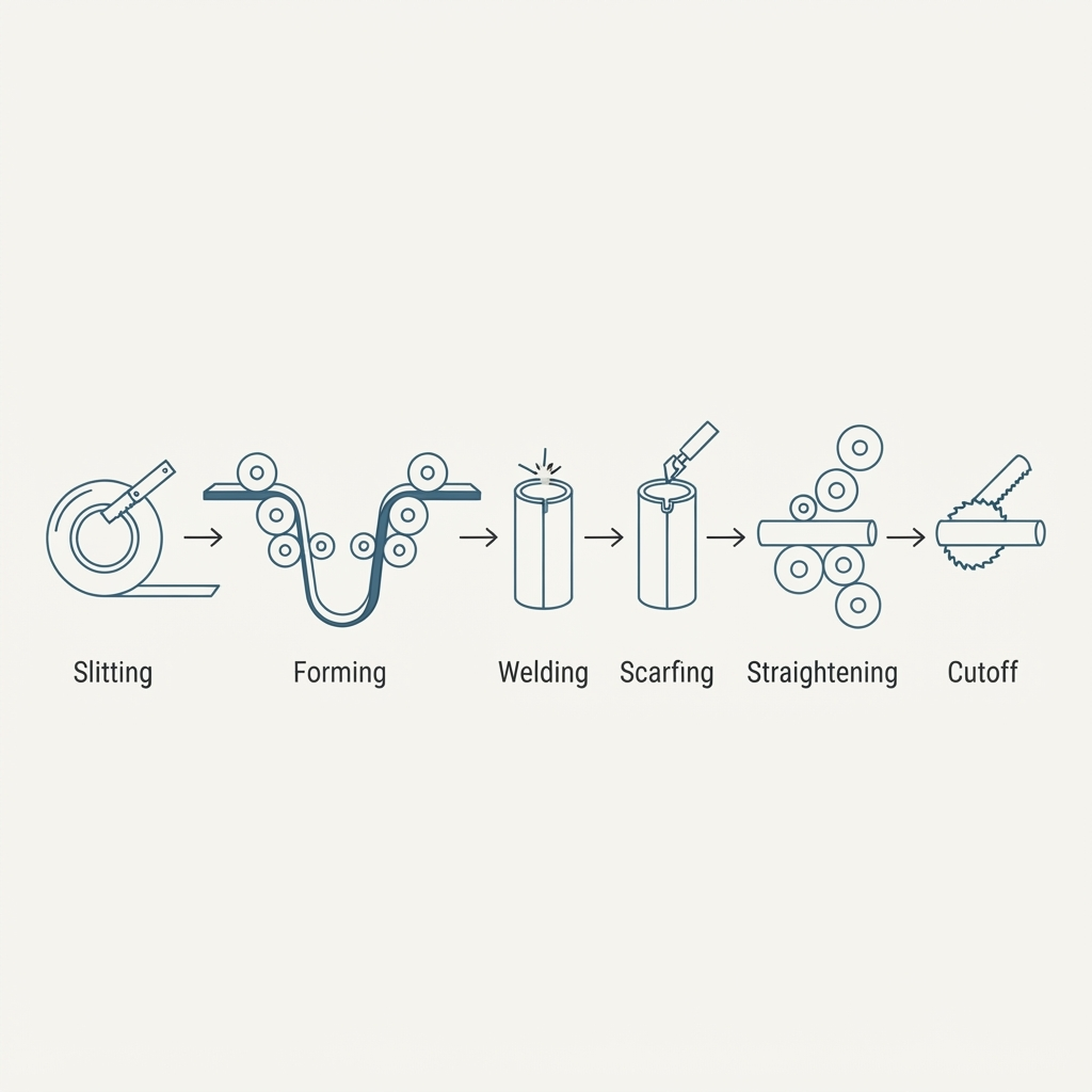 Line diagram of the ERW tube mill sequence: a steel coil at slitting, strip progressively formed into a tube shape, welding of the seam with heat at the top, scarfing of the weld bead, sizing between rollers, straightening between offset rollers, and cutoff with a saw