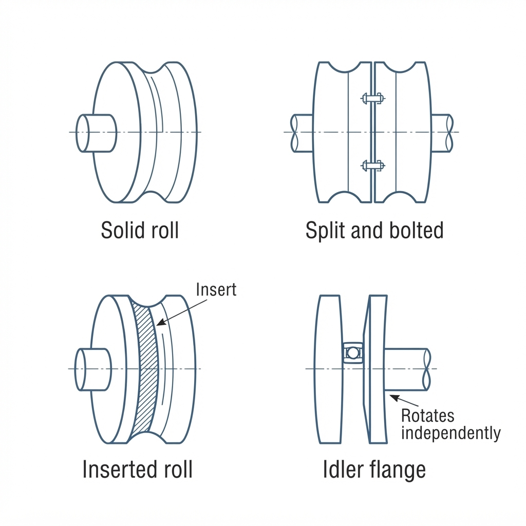 Line diagram of four tube mill roll construction types in cross-section: a one-piece solid roll, a split roll joined by bolts, a roll with a replaceable insert in the contact area, and a roll with an independently rotating idler flange on a bearing