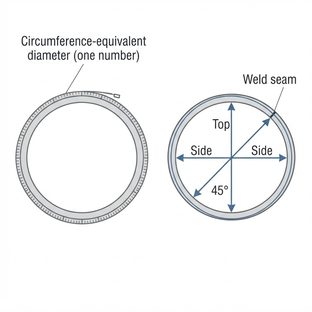 Line diagram comparing a circumference tape measurement around a tube cross-section, which yields one circumference-equivalent diameter, with direct diameter measurements of the same cross-section across the top, side, and diagonal axes, with the weld seam position marked on the rim