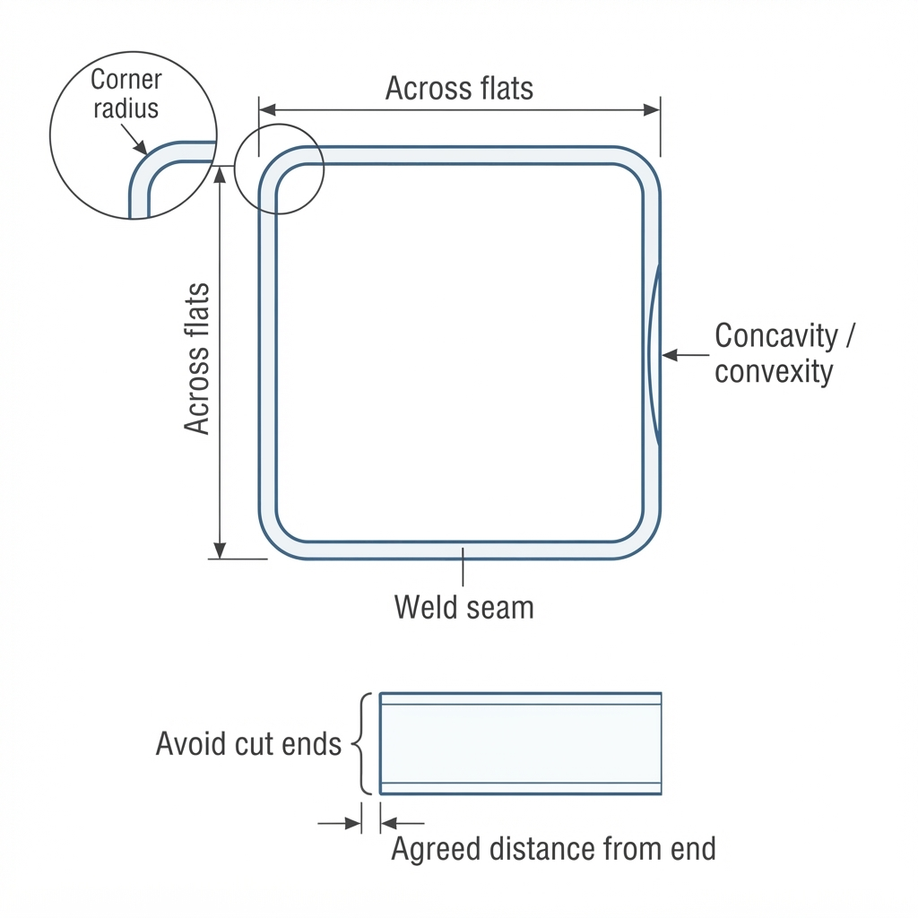 Line diagram of a square tube cross-section showing across-flats dimension arrows in both directions, a magnified corner detail labeled corner radius, an arrow marking face concavity or convexity, the weld seam position, and a side view marking an agreed measurement distance away from the cut end